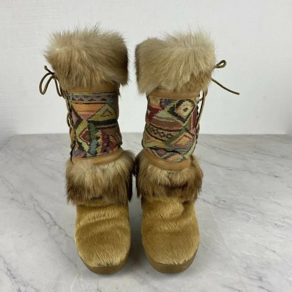Tecnica Fur Boots 6 Womens Tan Ski Aztec Boho Festival Lace Up Apres Wedge